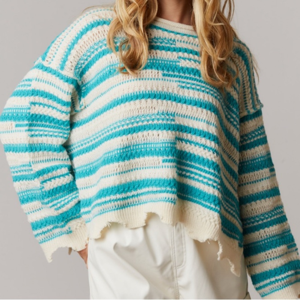 PEACH LOVE CA Stripped Blue and Cream Women's Sweater